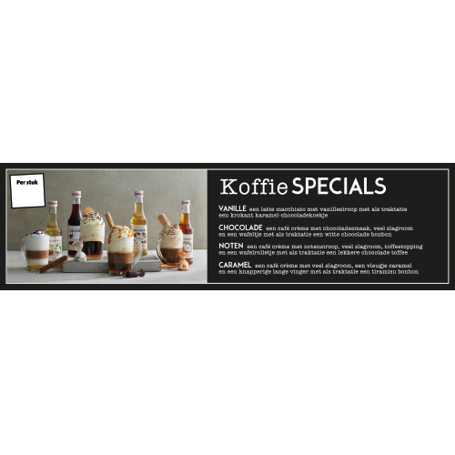 Paneel: 1250 x 350 mm. <br>Koffiespecials bord.