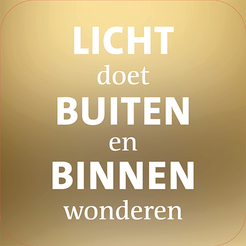 Koofsigning: 720 x 720 mm. Licht tekst goud