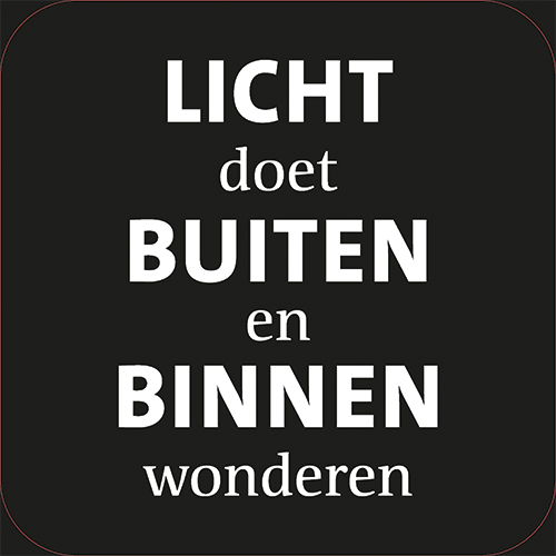 Koofsigning: 720 x 720 mm. Licht tekst zwart