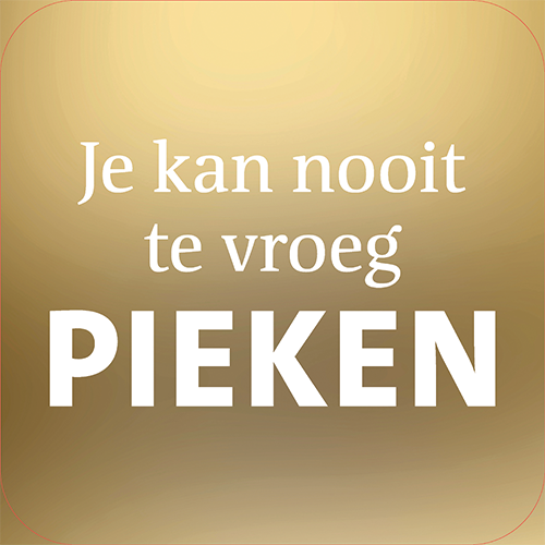 Koofsigning: 720 x 720 mm. Pieken tekst goud
