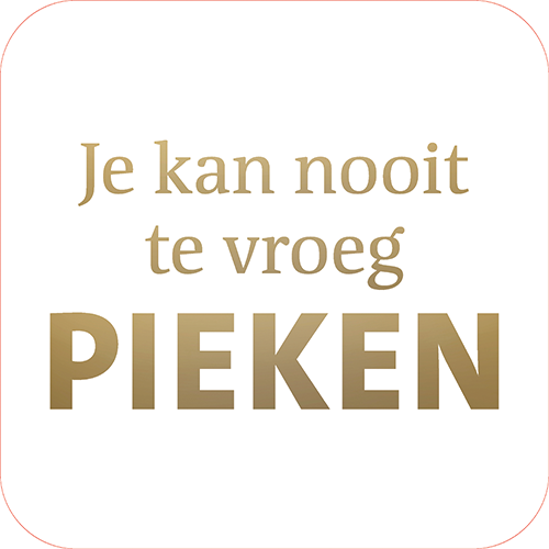 Koofsigning: 720 x 720 mm. Pieken tekst wit