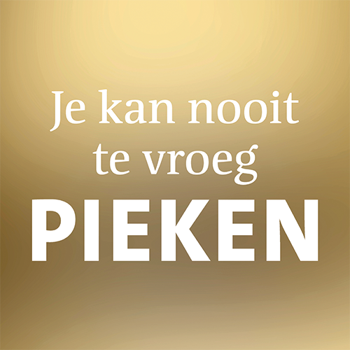 Koofsigning: 988 x 988 mm. Pieken tekst goud