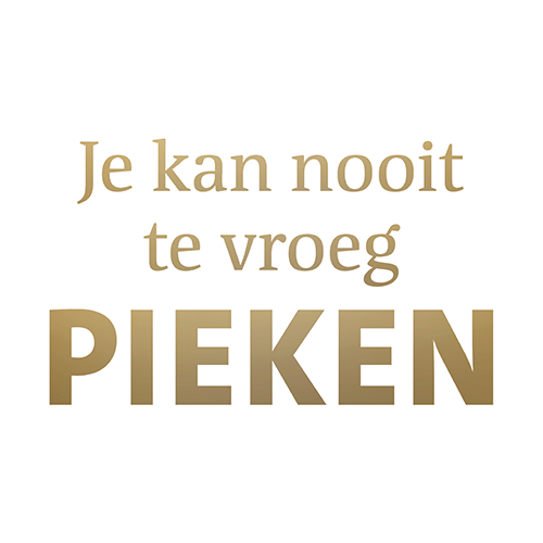 Koofsigning: 988 x 988 mm. Pieken tekst wit