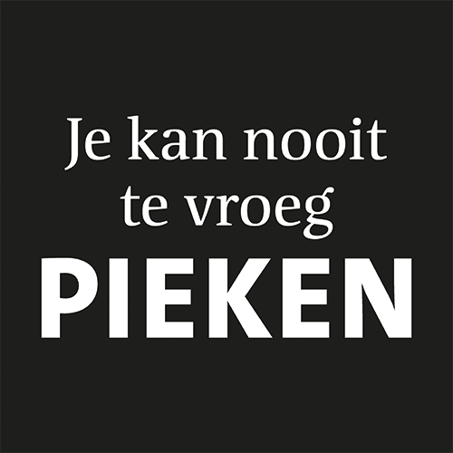 Koofsigning: 988 x 988 mm. Pieken tekst zwart