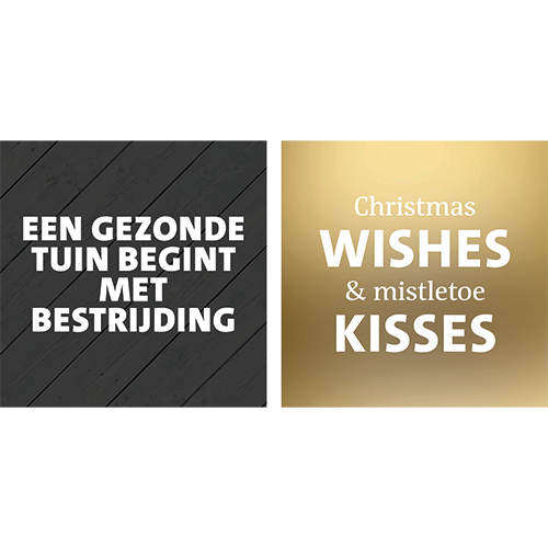 Koofsigning dubbelzijdig: 988 x 988 mm. Tuinwinkel Bestrijding tekst + Kerst