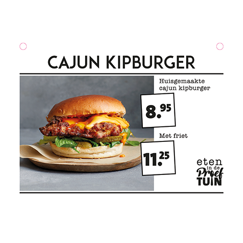 Paneel: 210 x 148 mm. <br>Buffetbordjes <br>Cajun kipburger
