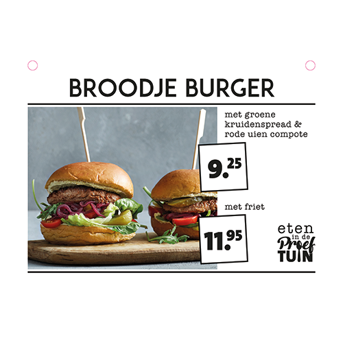 Paneel: 210 x 148 mm. <br>Buffetbordjes <br>broodje burger