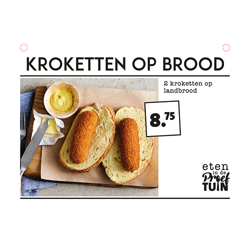 Paneel: 210 x 148 mm. <br>Buffetbordjes <br>kroketten op brood
