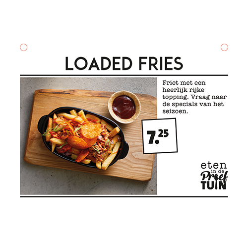 Paneel: 210 x 148 mm. <br>Buffetbordjes <br>Loaded Fries