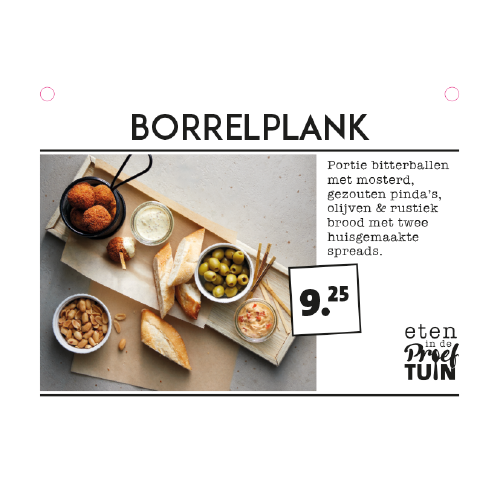 Paneel: 210 x 148 mm. <br>Buffetbordjes <br>borrelplank
