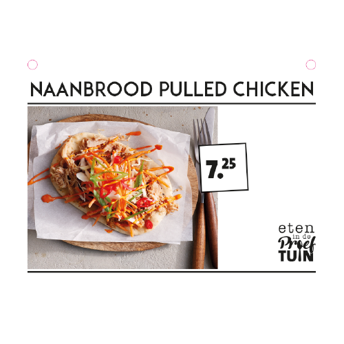 Paneel: 210 x 148 mm. <br>Buffetbordjes <br>naanbrood pulled chicken