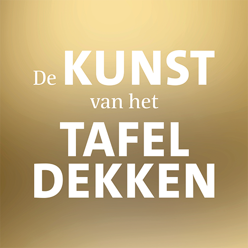 Paneel: 988 x 988 mm. <br>Tafeldekken tekst goud